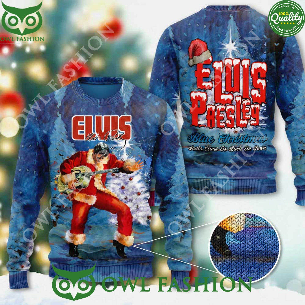 Elvis Presley Blue Christmas Santa Claus is back in town 3D Ugly Sweater