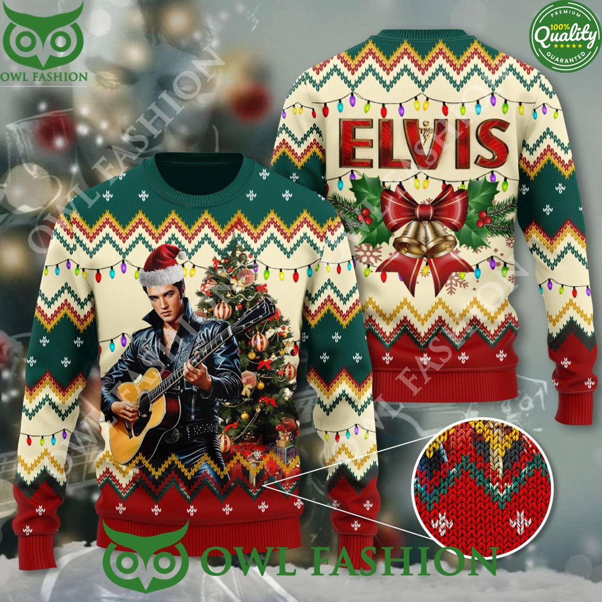 Elvis Presley Playing Guitar Christmas 3D Ugly Sweater