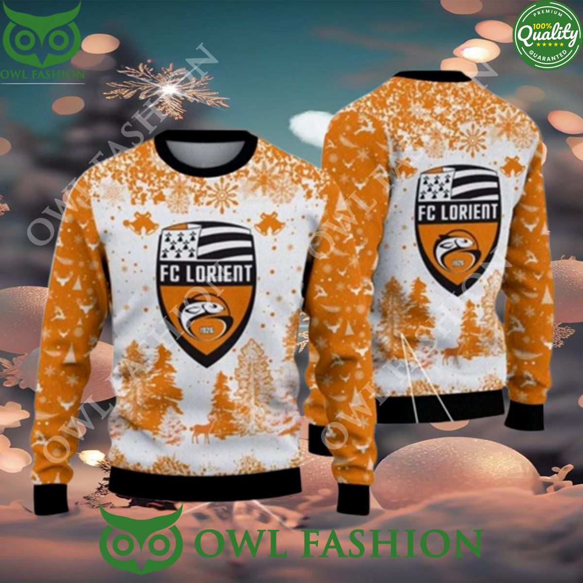 FC Lorient Big Logo Pine Trees Special Design Ugly Christmas Sweater