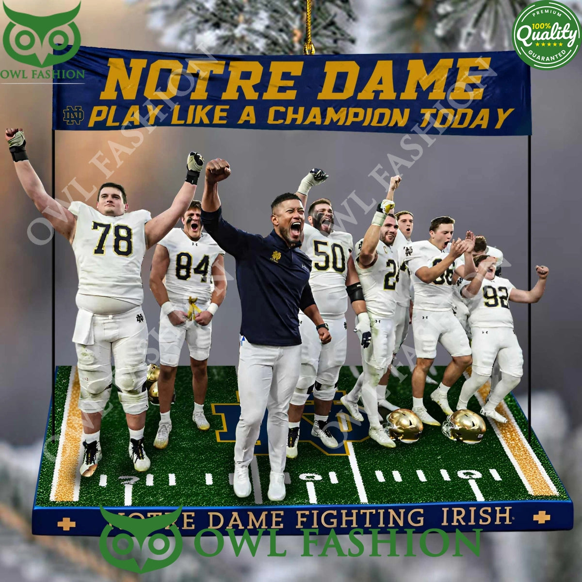 Fighting Irish coach with players Notre Dame Play like a champion today plastic ornament