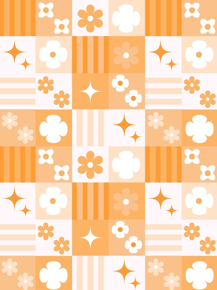 Retro Orange Floral Checkerboard | Groovy Seamless Pattern by Betty Poppa