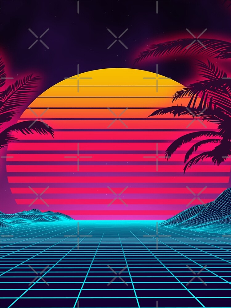 Retro Synthwave Sunset - 80s Vaporwave Grid Landscape Neon Palm Trees by leen12 Art Designs Prints
