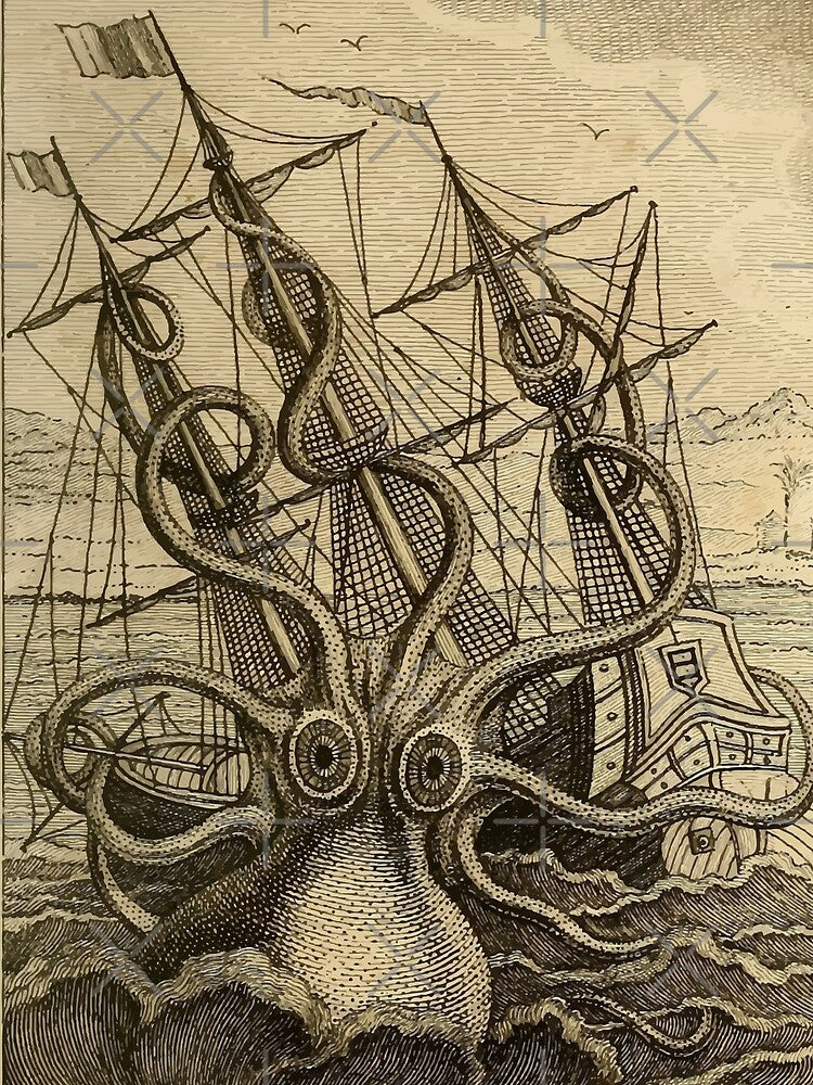 Vintage Kraken attacking ship illustration on parchment by monsterplanet