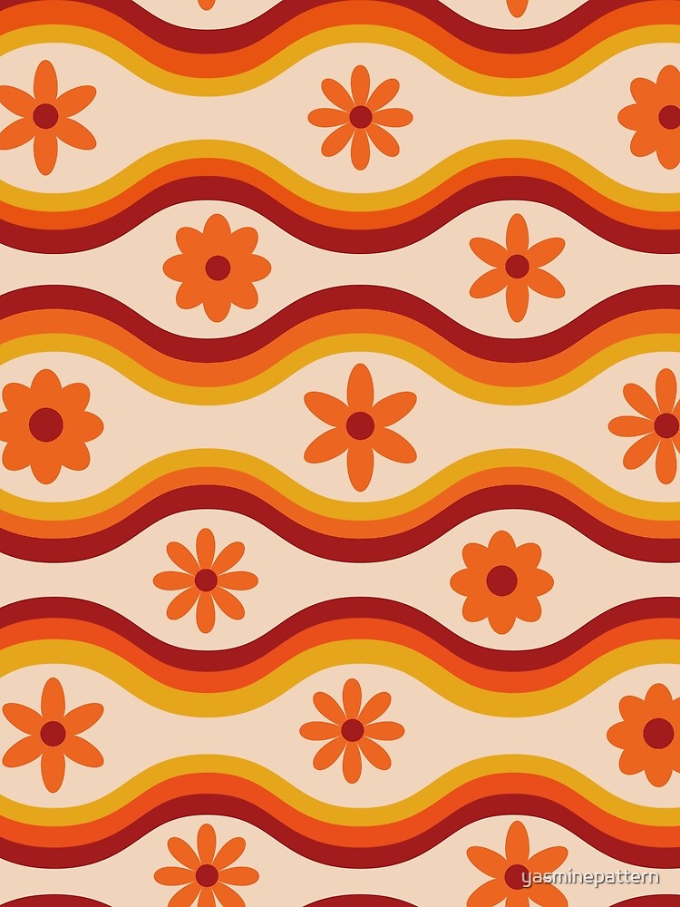 Hippie orange flowers pattern on retro Groovy waves by Yasminepatterns