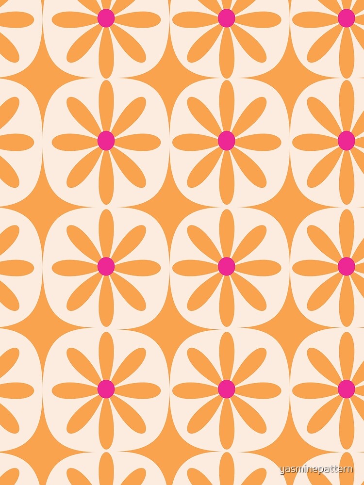 Retro 70s Groovy Orange Flowers with Vintage Starbursts by Yasminepatterns