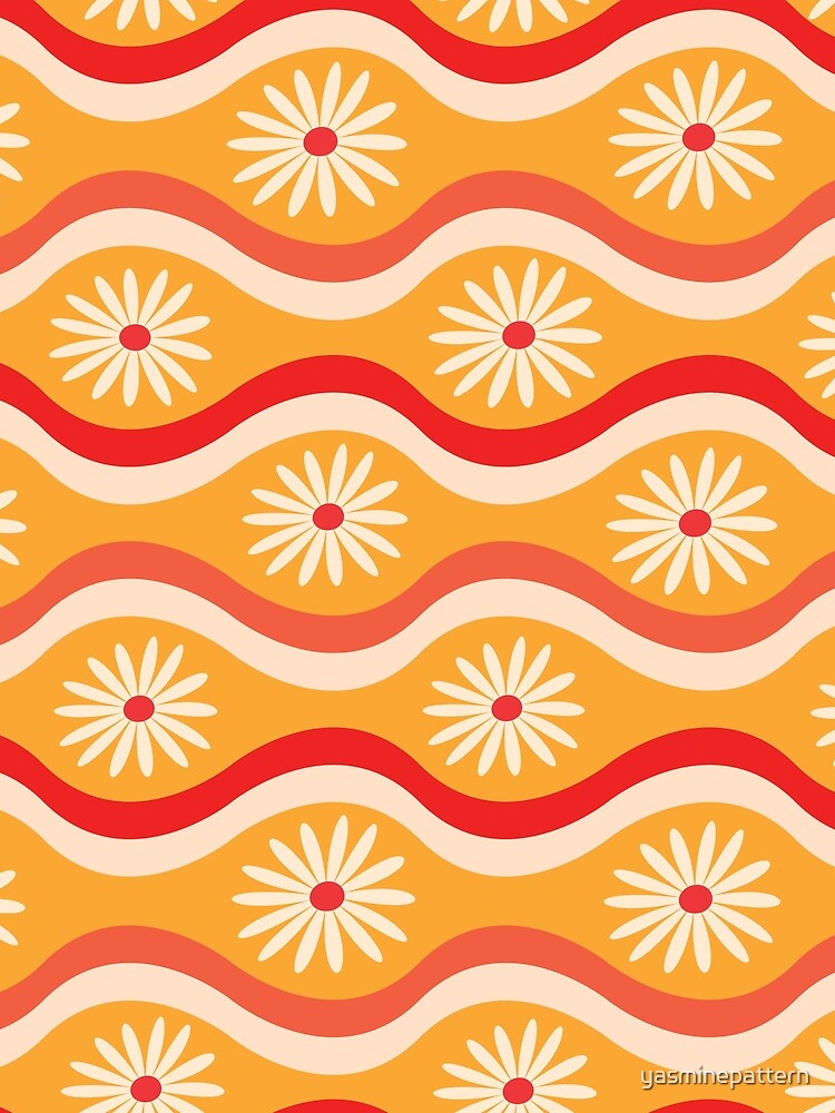Groovy White Flowers on Orange Red Retro Waves by Yasminepatterns