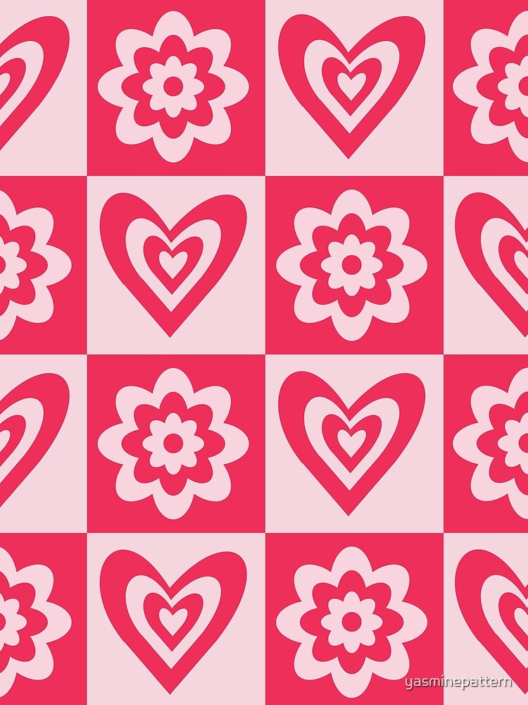 Checkered Groovy Psychedelic Red Hearts and Flowers by Yasminepatterns