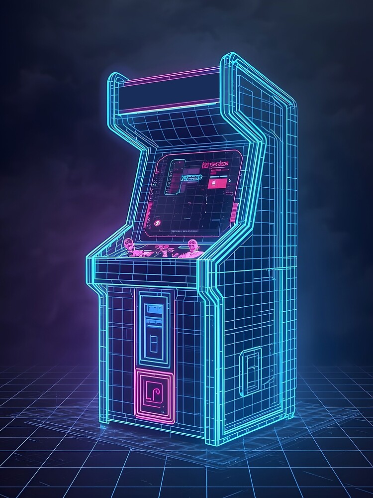 Synthwave Wireframe Arcade Cabinet 90s Retro Neon Art by ThePixelArchive
