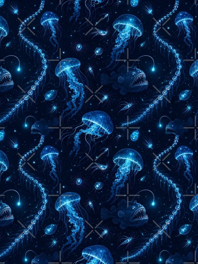 Bioluminescent Deep Sea Creatures Drifting Seamless Pattern | Abyssal Blue by StickyGuys
