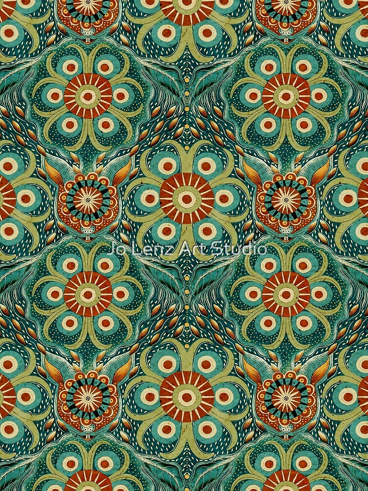 Hare Field Blues – Teal Green + Burnt Sienna Brown Mandala Pattern • Boho Folk Art by Jo Lenz Art Studio