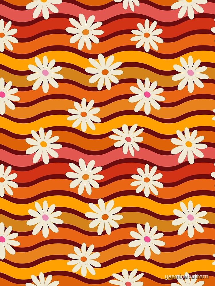 Retro Daises Pattern on Groovy Colorful Waves by Yasminepatterns