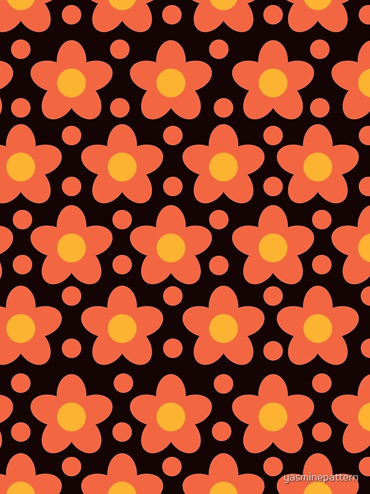 Cute  Groovy retro 70s orange flower pattern on black background by Yasminepatterns