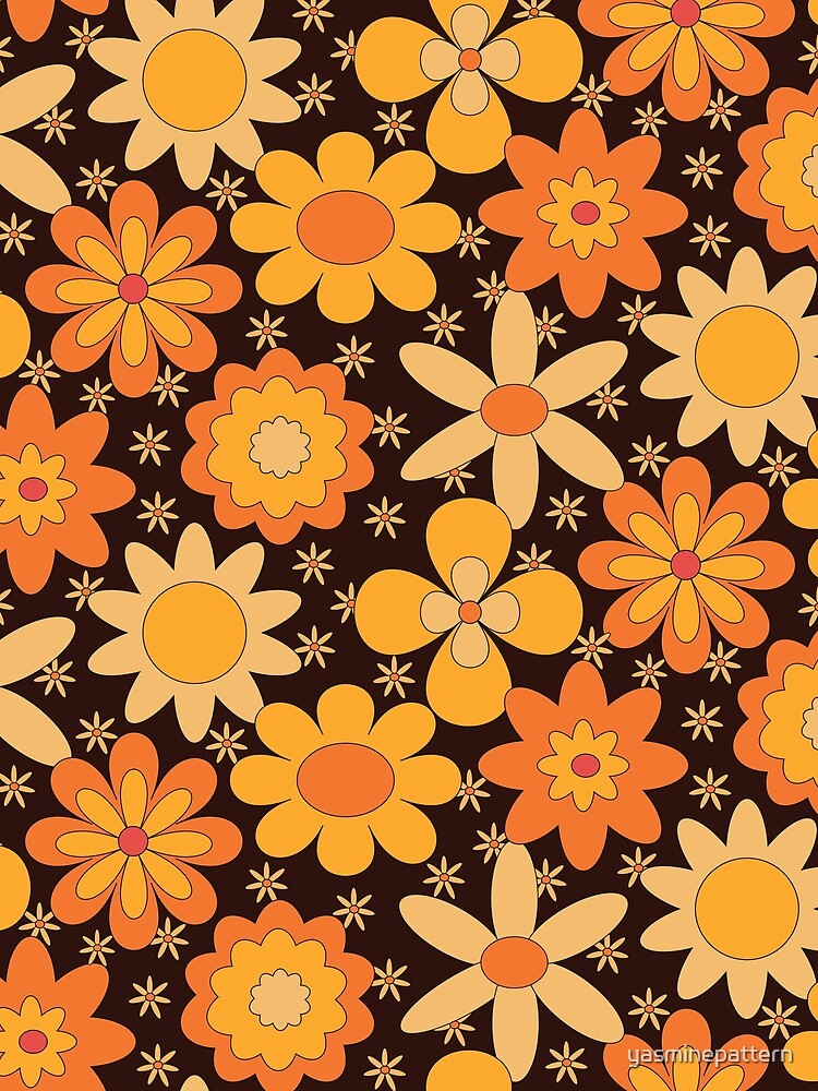 Retro 60s 70s Hippie Groovy orange and yellow flowers pattern by Yasminepatterns