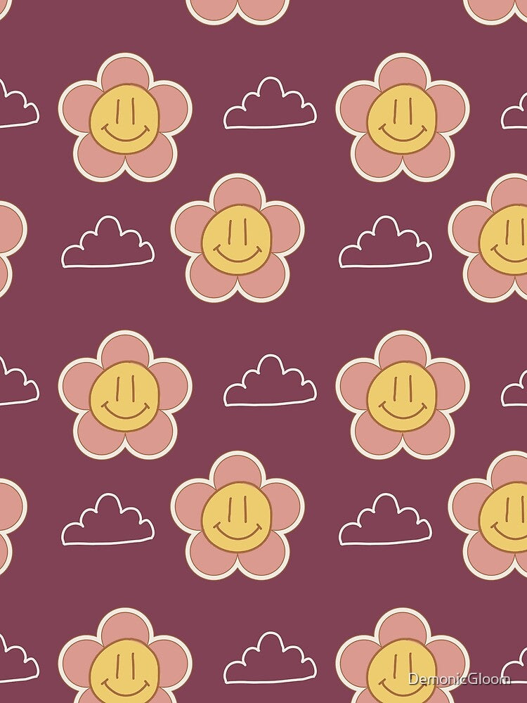 burgundy pink and yellow  Smiley Flowers and clouds retro style by DemonicGloom