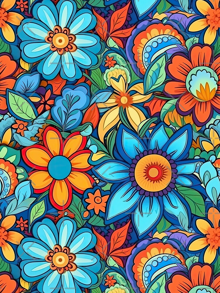 Groovy Flowers Colorful Orange, Red, Green Blue Hippie Retro Pattern by Nzgiftsandmore