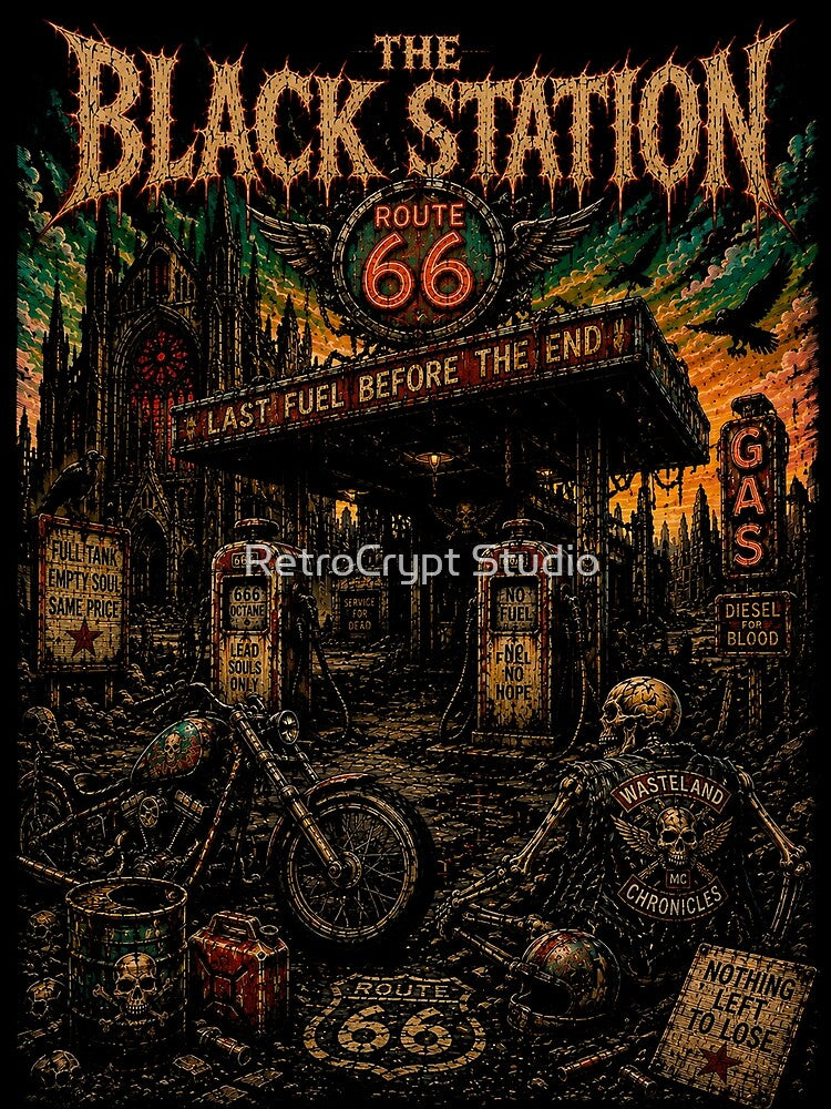 THE BLACK STATION | Vintage Biker Heavy Metal T-Shirt | The Wasteland Chronicles | RetroCrypt Studio by RetroCrypt Studio