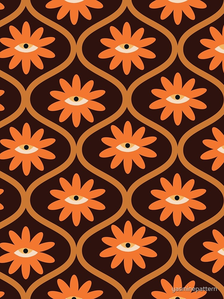 Retro groovy 60s 70s surreal orange flowers with eyes on ogee ovals pattern by Yasminepatterns