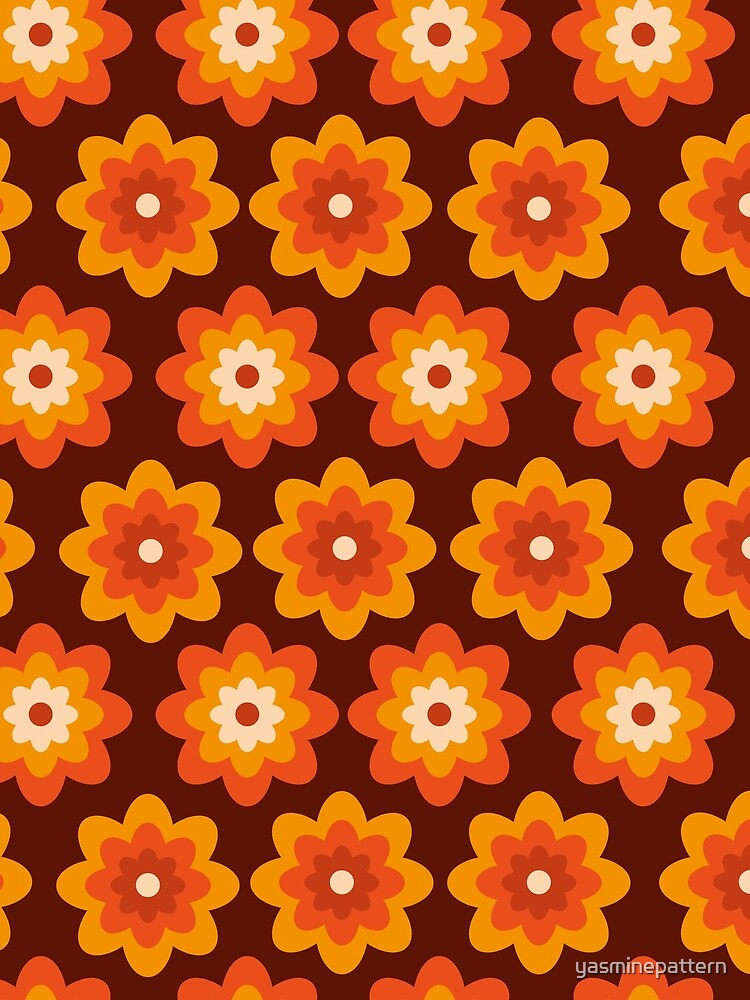 Groovy retro  60s 70s boho hippie orange flower pattern on dark brown background by Yasminepatterns