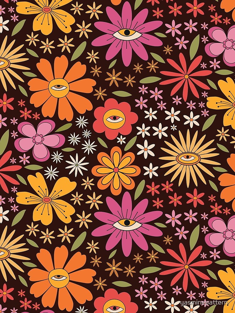 Retro 60s 70s Groovy psychedelic flowers with eyes pattern by Yasminepatterns