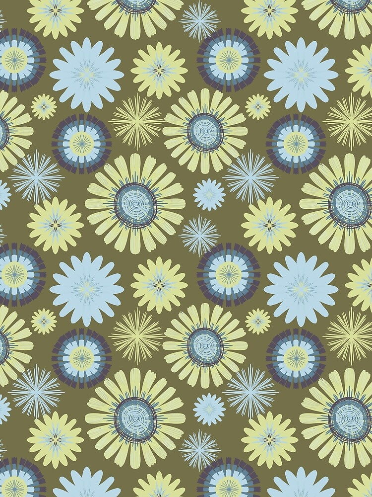 Groovy Green and blue retro flowers pattern by Jaine Drake