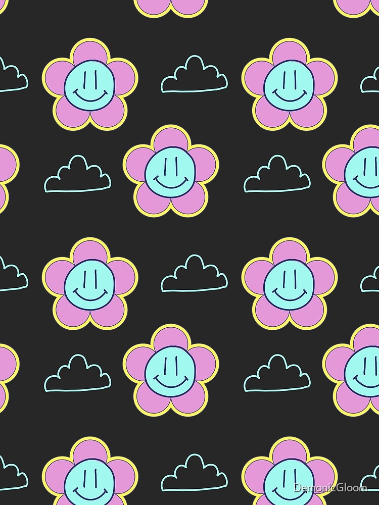 Black with pink and blue Smiley Flowers and clouds retro style by DemonicGloom