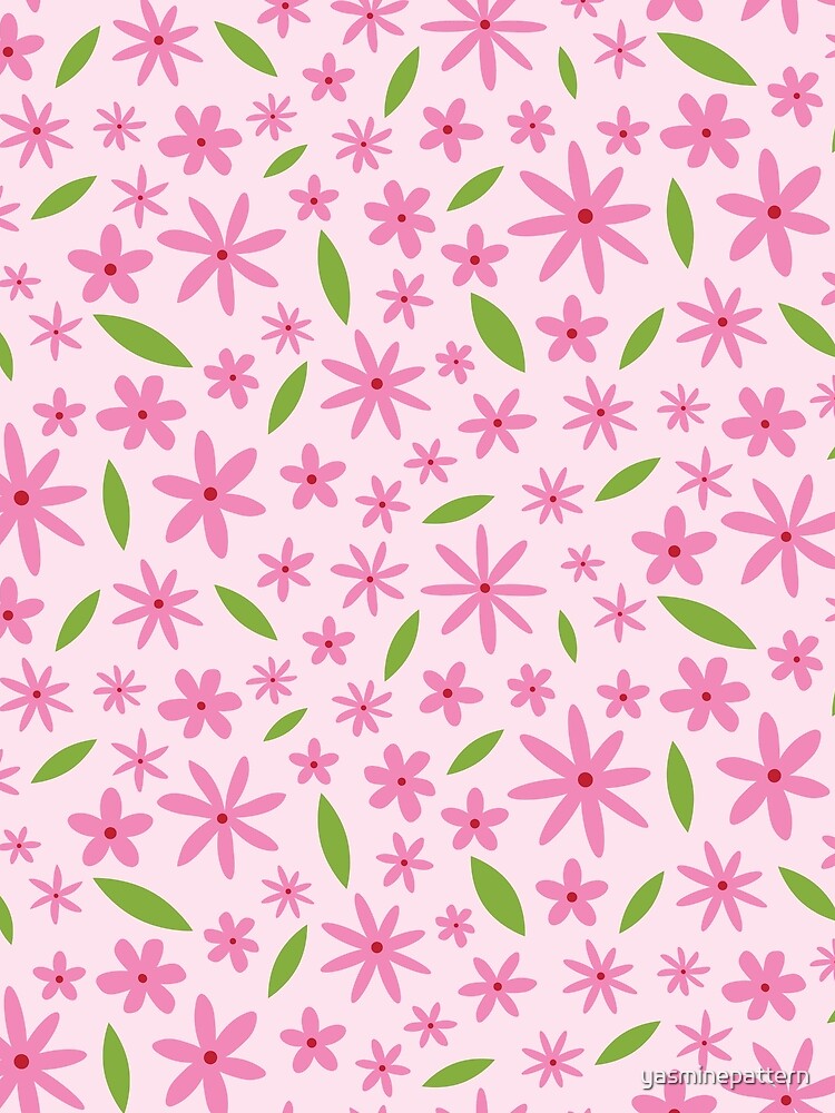 Retro Groovy Hot Pink Flowers with Green Leaves by Yasminepatterns