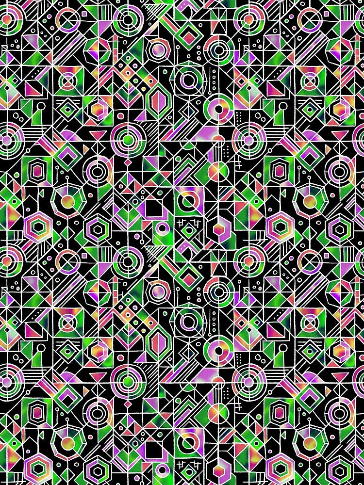 Neon Abstract Geometric Cyber Grid Seamless Pattern (Psychedelic Retro Line Art) by NataliRubchik
