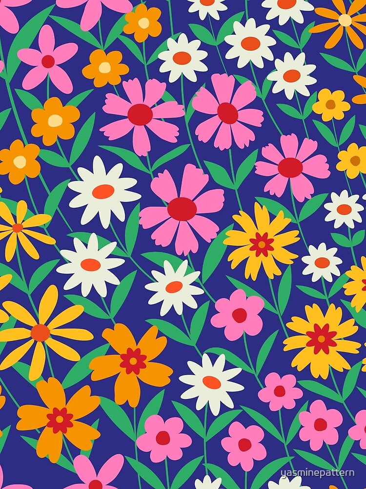 Retro Boho Floral Garden Pattern on Navy blue by Yasminepatterns