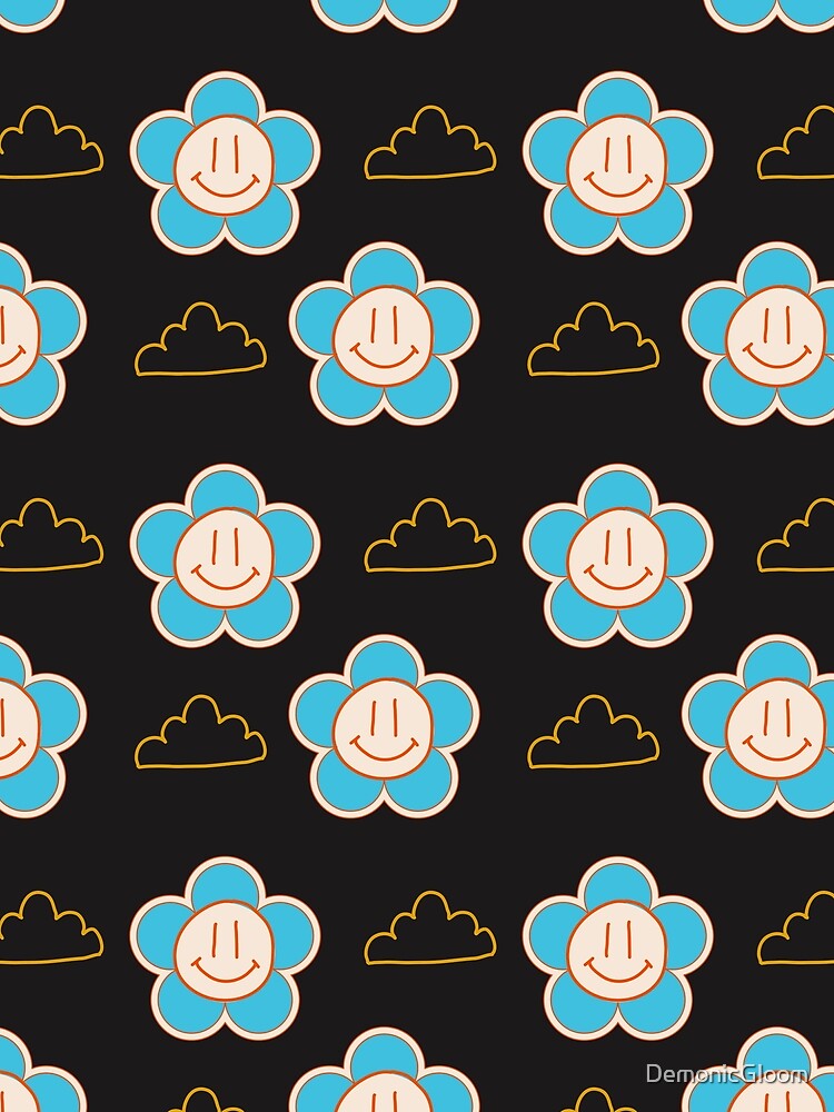 Black with blue Smiley Flowers and clouds retro style by DemonicGloom