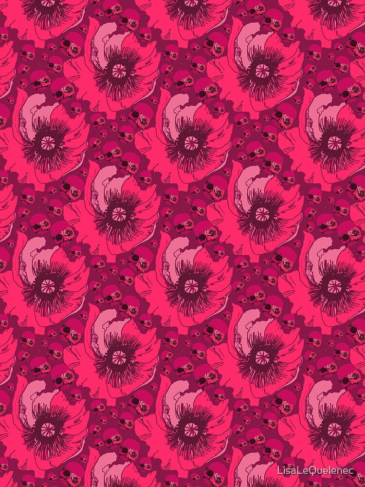 Glamorously Gothic Poppy Flowers and Skulls in red and pink berry shades by LisaLeQuelenec