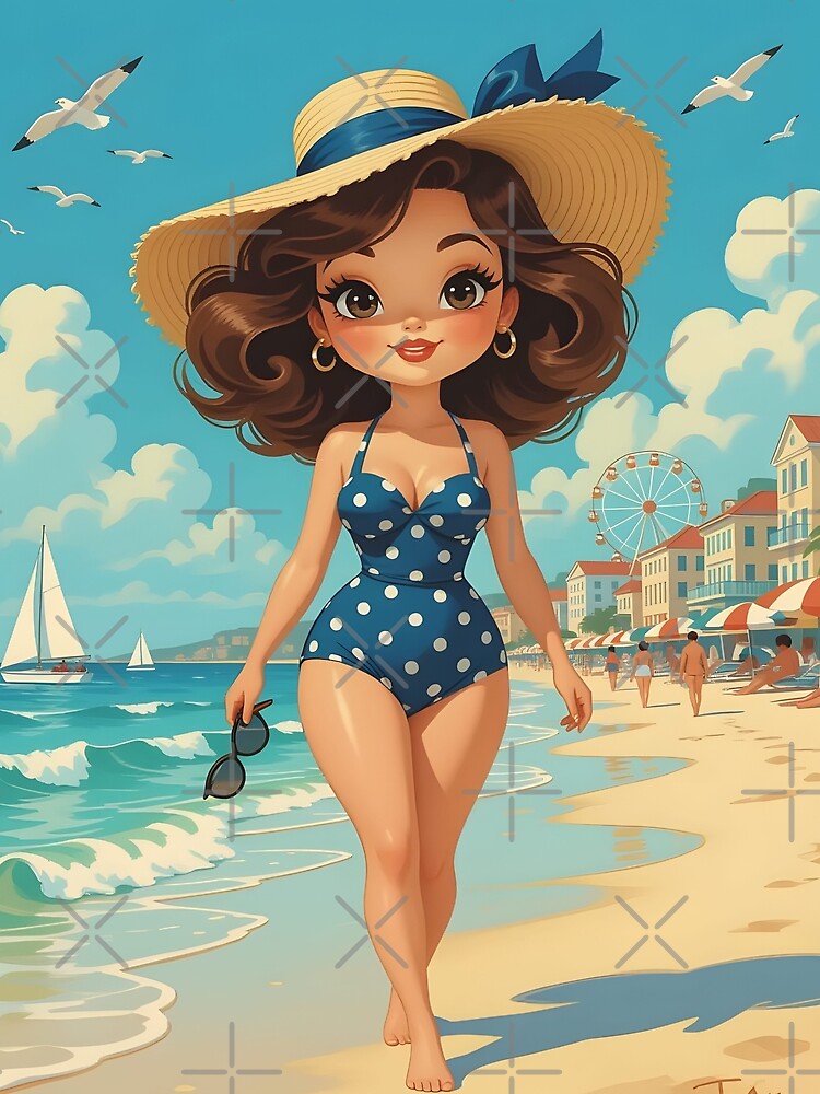 Retro beach scene featuring a stylish woman by Ponted