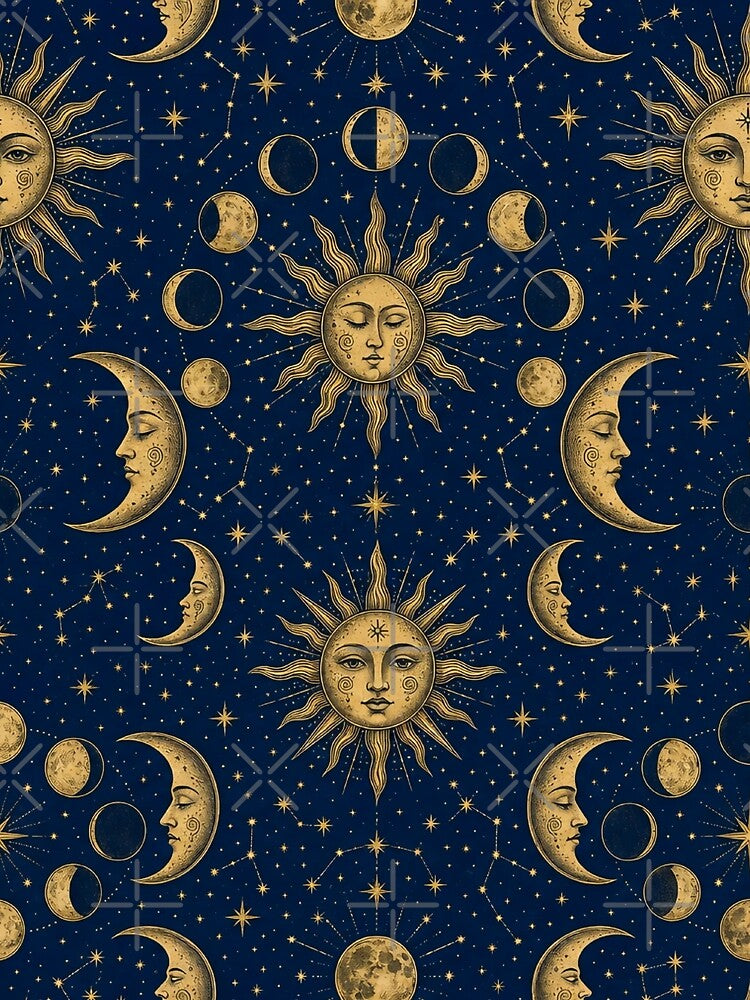 Celestial Tarot Suns Moons And Lunar Phases Seamless Pattern Midnight Blue by StickyGuys