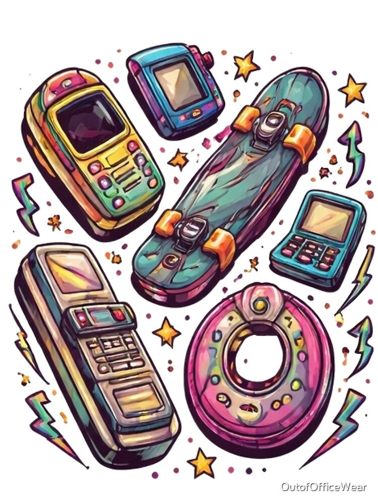 Retro 90s Gadgets Illustration – Vintage Tech & Skater Nostalgia Aesthetic by OutofOfficeWear