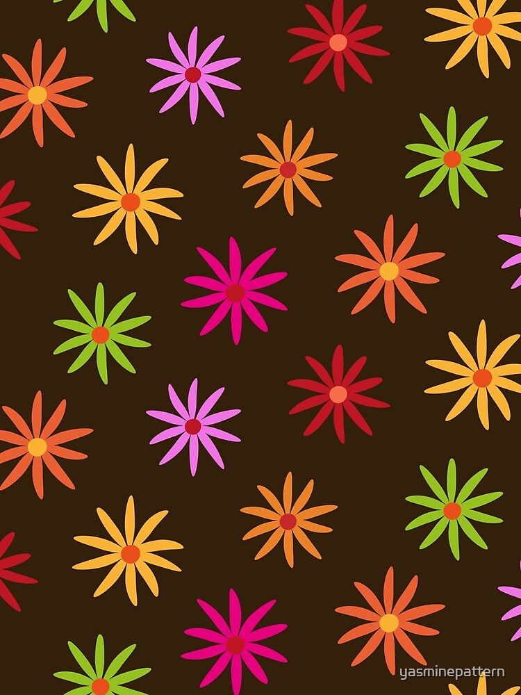 Retro 70s Groovy Colorful Flowers Pattern on dark brown by Yasminepatterns