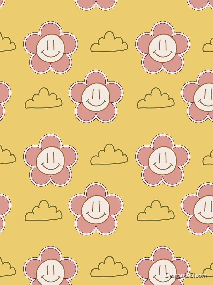 Yellow and Pink  Smiley Flowers and clouds retro style by DemonicGloom