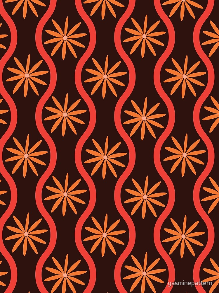 Retro 60s 70s  Groovy orange flowers pattern on red ogee by Yasminepatterns