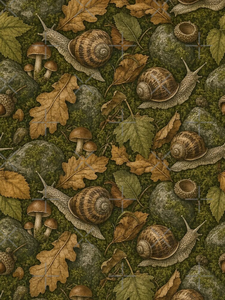 Goblincore Snails Moss And Forest Floor Seamless Pattern Olive Green by StickyGuys