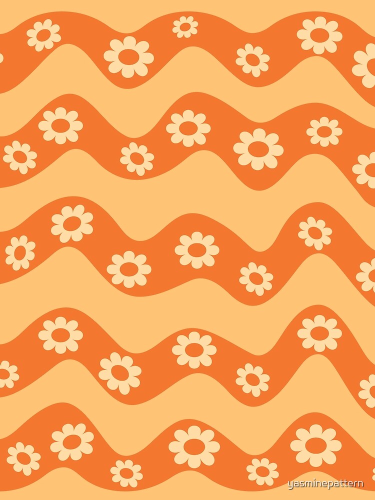 Retro Orange Waves with groovy flowers pattern by Yasminepatterns