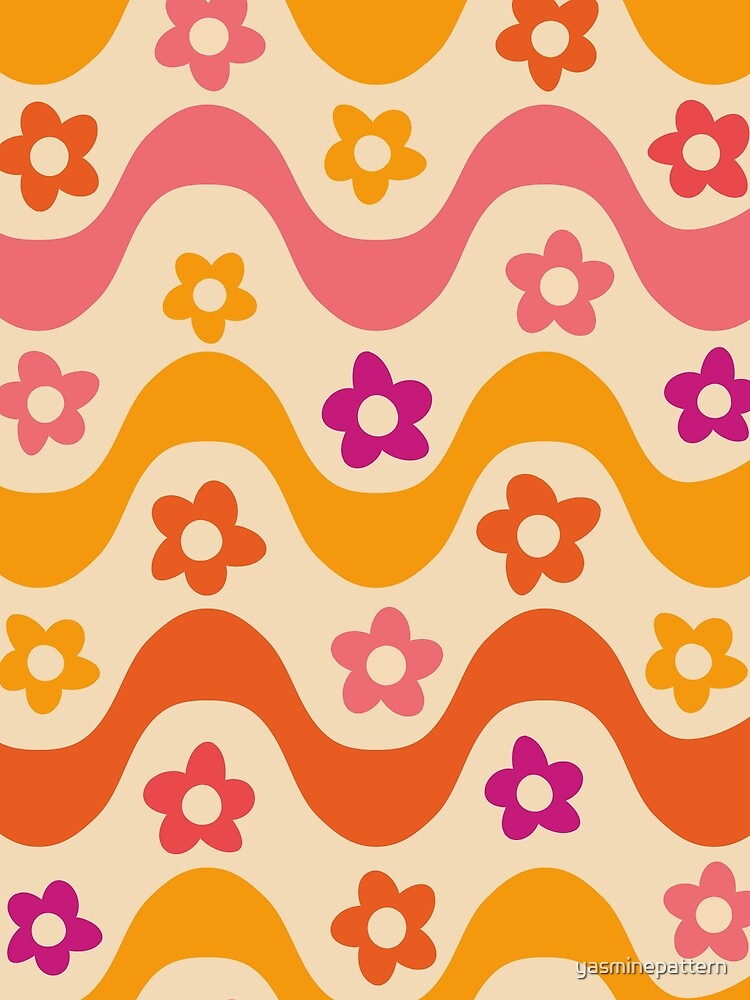 Retro 70s groovy flowers on pink, red and orange waves pattern by Yasminepatterns