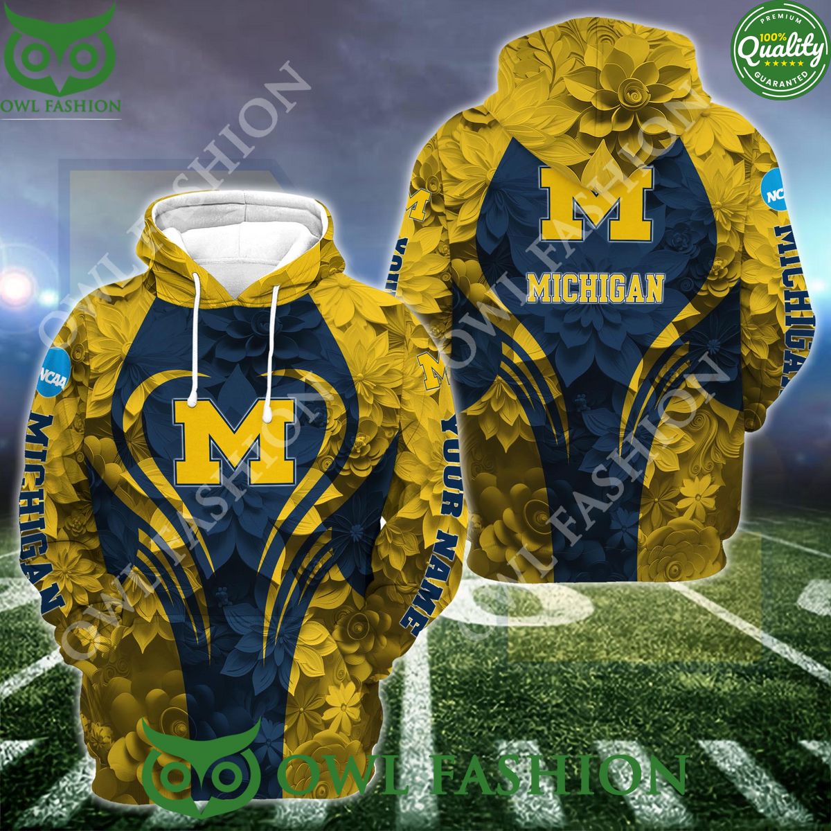 FLower Yellow pattern Michigan Wolverines Hoodie And Leggings Custom Name