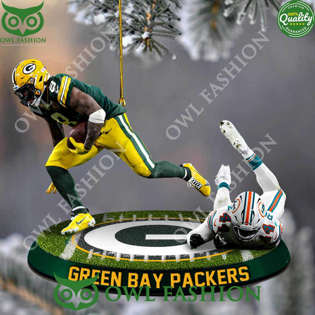 Green Bay Packer battled with Miami Dolphin scramble plastic ornament