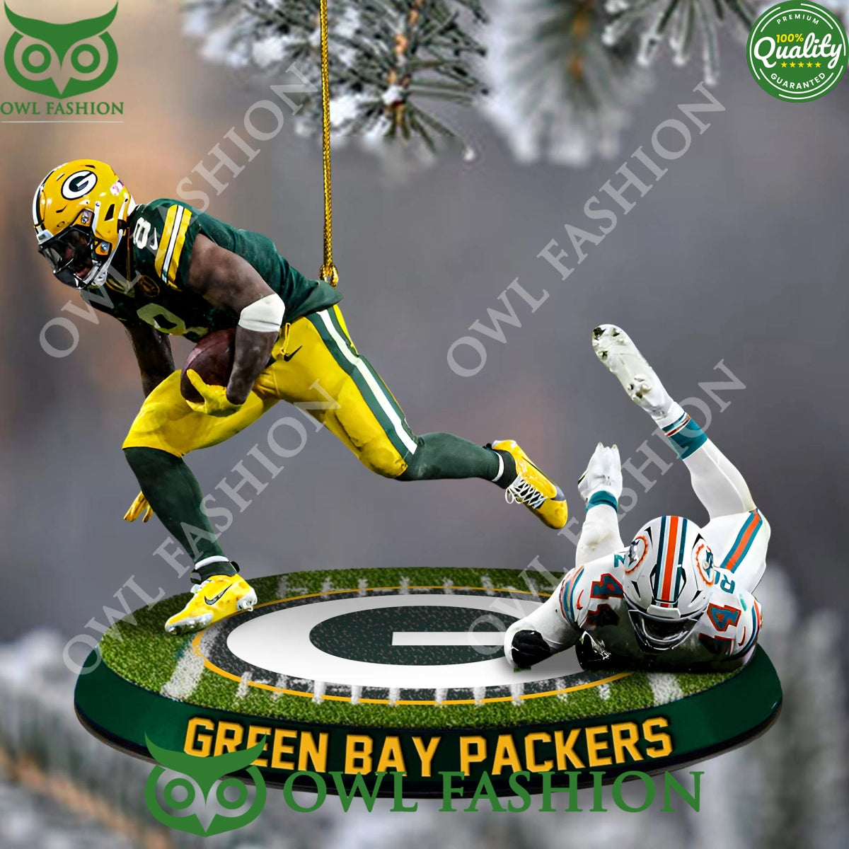 Green Bay Packer battled with Miami Dolphin scramble plastic ornament