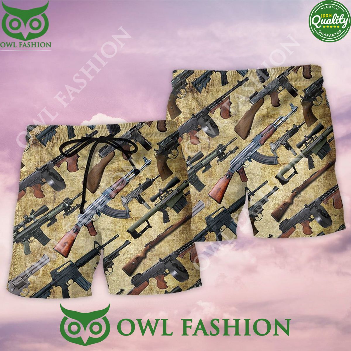 Gun It’s All About Guns Trendy Aloha 3D Summer Hawaiian Shorts