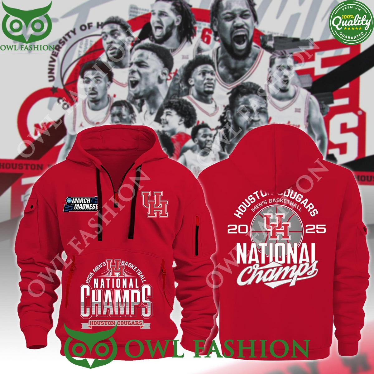 Houston Cougars 2025 NCAA Men’s Basketball March Madness Champions half zipper hoodie
