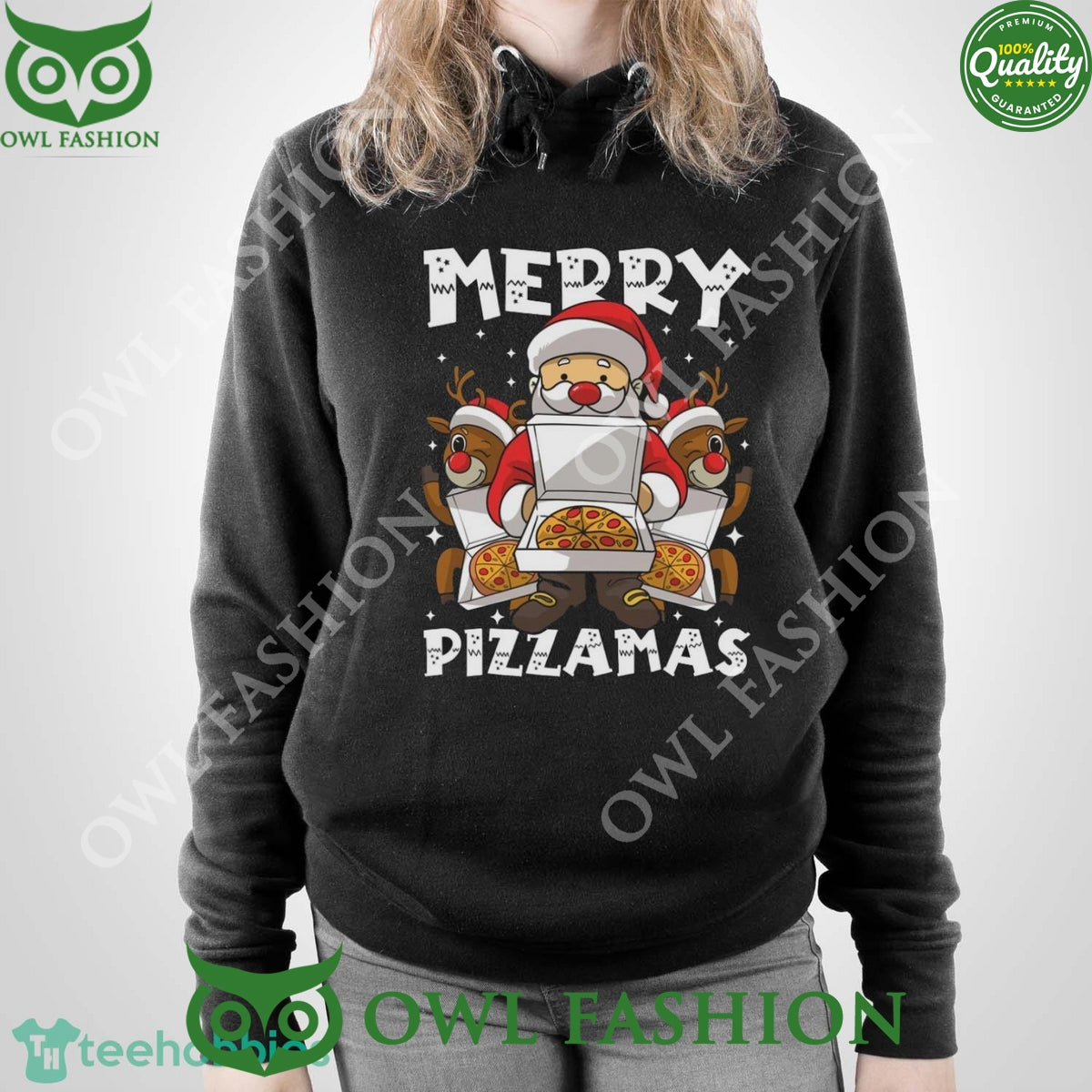 Merry Pizzamas Santa Claus and Reindeer Black Ugly Sweater