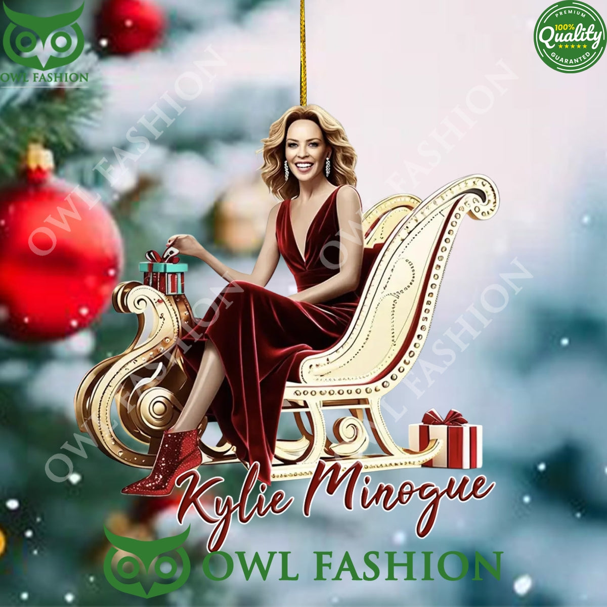 Kylie Minogue on Reindeer Sleigh Christmas Plastic Ornament