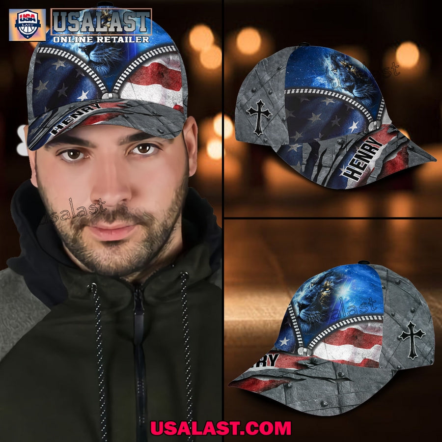Lion Patriotic Christian Faith American Flag Custom Classic Cap