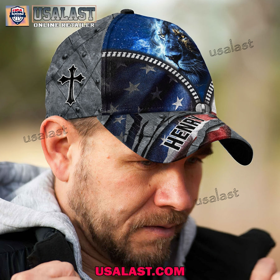 Lion Patriotic Christian Faith American Flag Custom Classic Cap