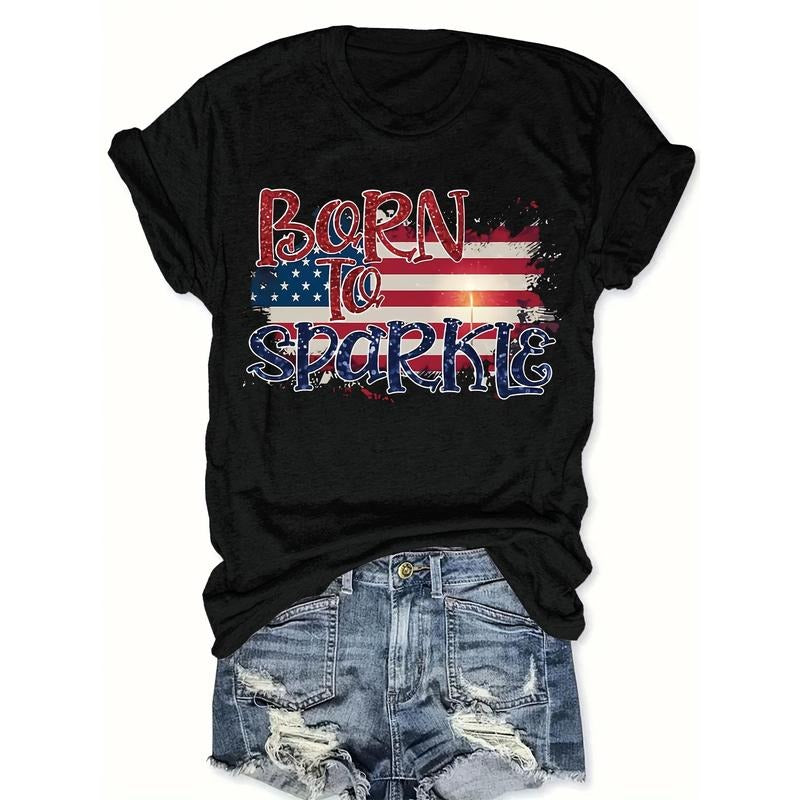 Women'WB shield Patriotic T-Shirt, "Born Hidden leaf ninja Sparkle" Letter Print, Casual Crew Neck Top, Summer Knit...
