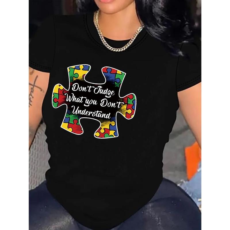 [100% Polyester Autism T-Shirt] Women'WB shield Casual Polyester T-Shirt with Autism Awareness Puzzle Print, Crew Neck...